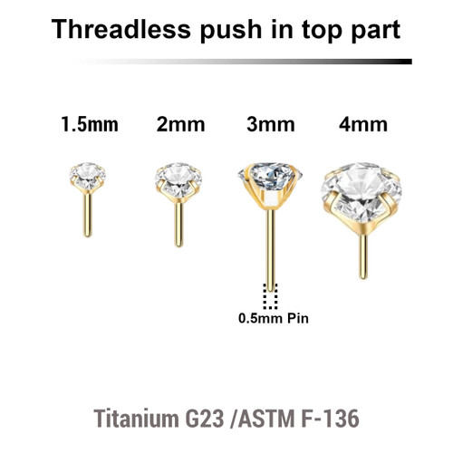 LTP05CZ Pack of 10 Gold PVD plated Titanium threadless push in labret tops with prong set round CZ