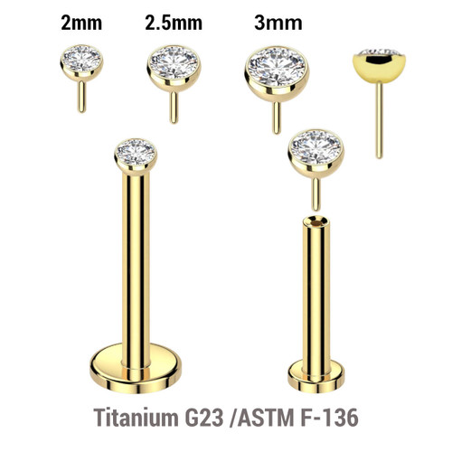 LLB12JH Pack of 5 Gold PVD plated Titanium threadless push in labrets, Thickness 1.2mm with flat jewel ball tops