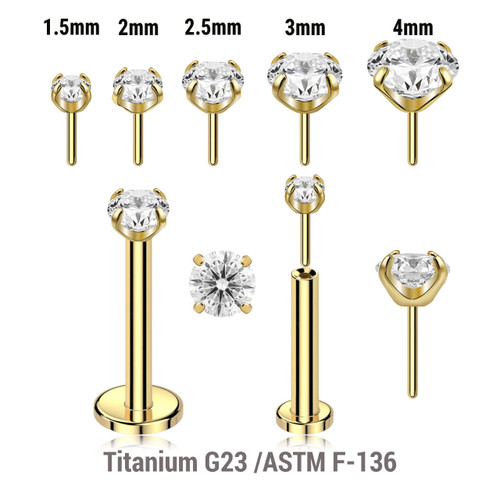 LLB12CZ Pack of 5 Gold PVD plated Titanium threadless push in labrets, Thickness 1.2mm, with prong set round CZ stones.