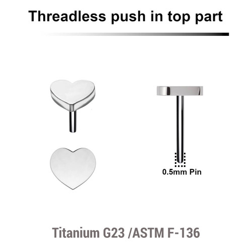 KTP05H3 Pack of 5 Titanium G23 threadless push in labret top with 3mm flat heart tops
