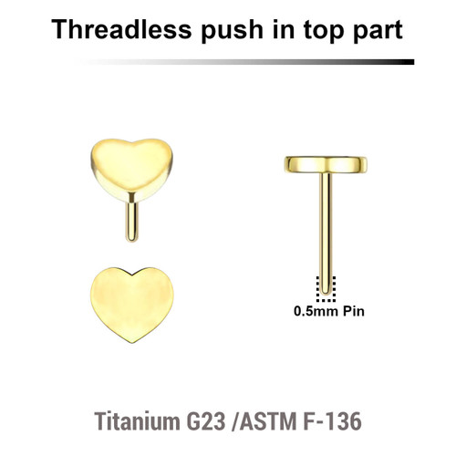 LTP05H3 Pack of 5 Gold PVD plated Titanium threadless push in labret top with 3mm flat heart tops