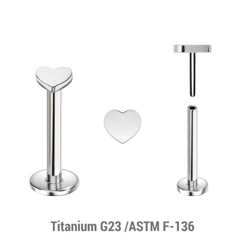 KLBXXH3 Pack of 5 high polished titanium threadless push in labrets with 3mm flat heart shaped tops