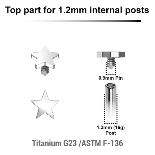 YTP12ST3 Pack of 5 Titanium Internally threaded labret top in shape of a flat 3mm star, Thread size 0.9mm