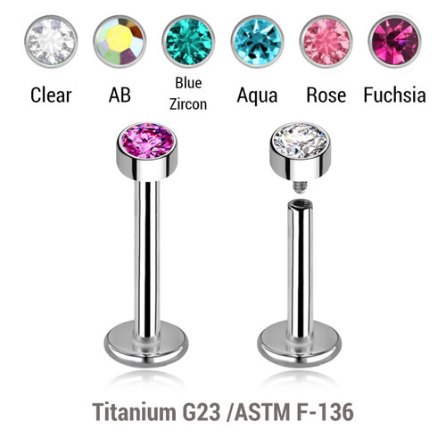 YLB12X23 Pack of 5 high polished titanium internally threaded labrets, Thickness 1.2mm, with a 3mm bezel set crystal round disk top