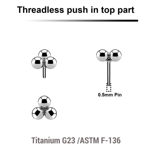 KTP05X17 Pack of 5 Titanium G23 threadless push in labret top with a plain trinity ball design