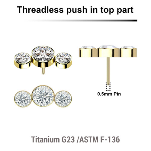 LTP05X08 Pack of 5 Gold PVD plated Titanium threadless push in labret top with an elongated top with 3 bezel set crystals