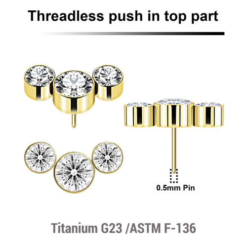 LTP05X08 Pack of 5 Gold PVD plated Titanium threadless push in labret top with an elongated top with 3 bezel set crystals