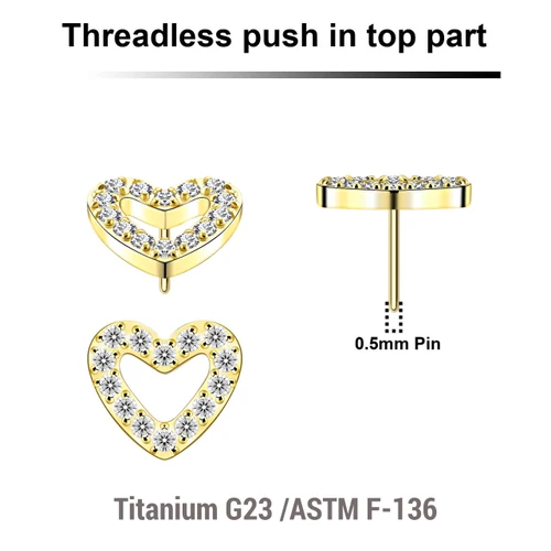 LTP05X12 Pack of 5 Gold PVD plated Titanium threadless push in labret top with CZ studded heart shaped top