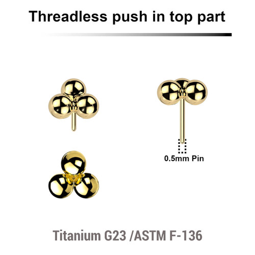 LTP05X17 Pack of 5 Gold PVD plated Titanium threadless push in labret top with a plain trinity ball design