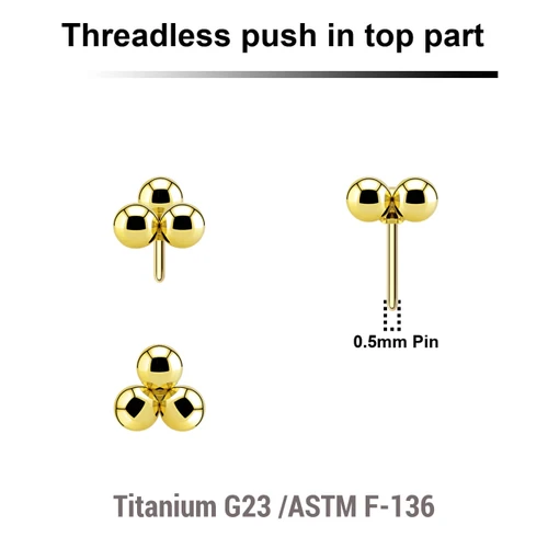 LTP05X17 Pack of 5 Gold PVD plated Titanium threadless push in labret top with a plain trinity ball design