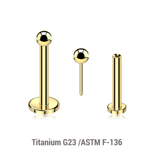 LLBXXB2 Pack of 10 Gold PVD plated Titanium threadless push in labrets, Ball size 2mm