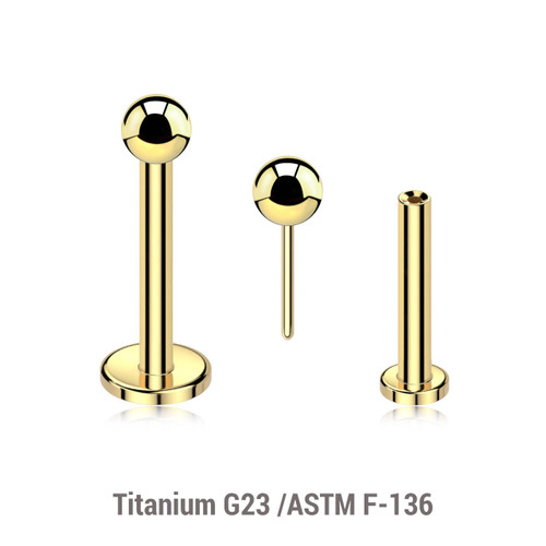 LLBXXB25 Pack of 10 Gold PVD plated Titanium threadless push in labrets, Ball size 2.5mm