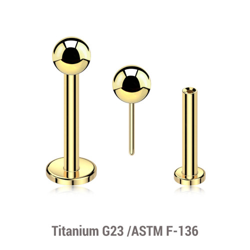 LLBXXB3 Pack of 10 Gold PVD plated Titanium threadless push in labrets, Ball size 3mm