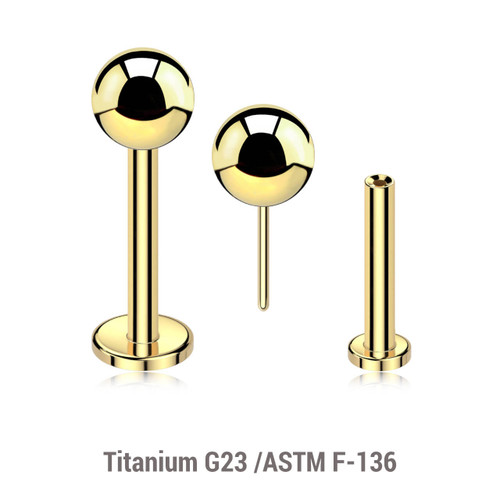 LLBXXB4 Pack of 10 Gold PVD plated Titanium threadless push in labrets, Ball size 4mm