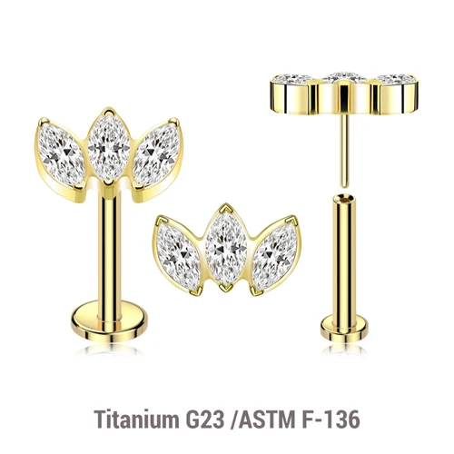LLBXXX03 Pack of 5 Gold PVD plated Titanium threadless push in labrets, with a top with 3 marquis cut prong set CZ stones