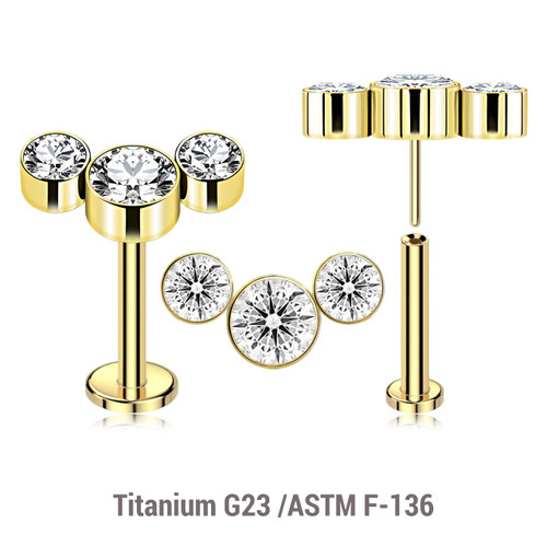 LLBXXX08 Pack of 5 Gold PVD plated Titanium threadless push in labrets, with an elongated top with three bezel set crystals