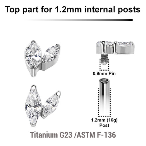 YTP12X22 Pack of 5 Titanium Internally threaded labret top with two leaves with Marquise CZ stone, Thread size 0.9mm