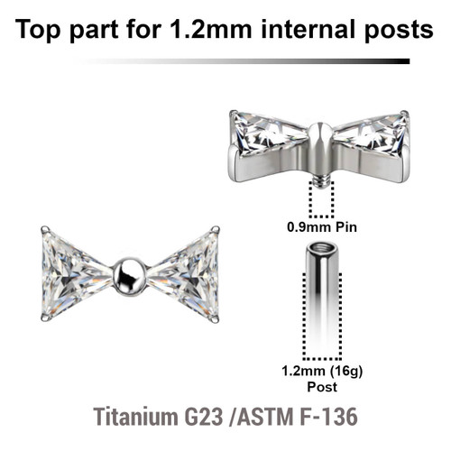 YTP12X24 Pack of 5 Titanium Internally threaded labret top in bowtie shape with two triangle CZ stones, Thread size 0.9mm