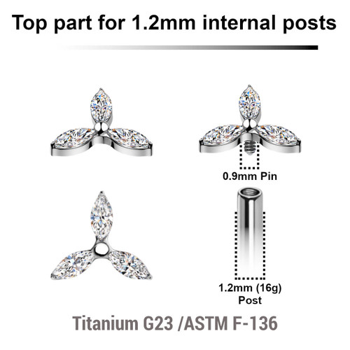 YTP12X25 Pack of 5 Titanium Internally threaded labret top in flower shape with 3 marquise CZ petals, Thread size 0.9mm