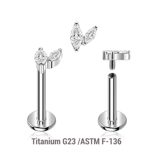 YLB12X22 Pack of 5 high polished titanium internally threaded labrets, Thickness 1.2mm, with a top with two marquise CZ stones