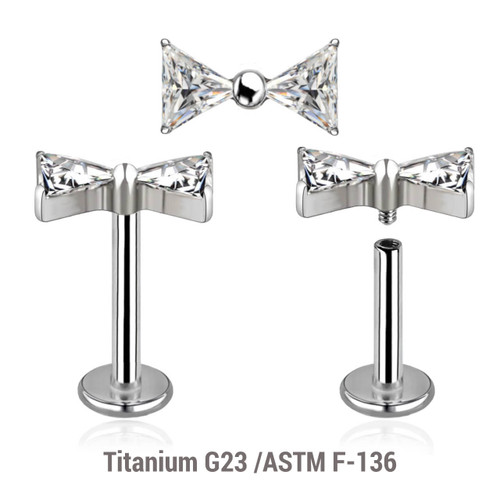 YLB12X24 Pack of 5 high polished titanium internally threaded labrets, Thickness 1.2mm, with a top in bowtie shape with two triangle CZ stones