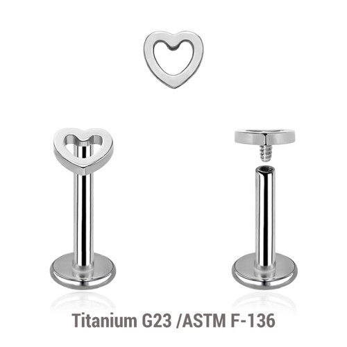 YLB12X26 Pack of 5 high polished titanium internally threaded labrets, Thickness 1.2mm, with a top in a plain heart design