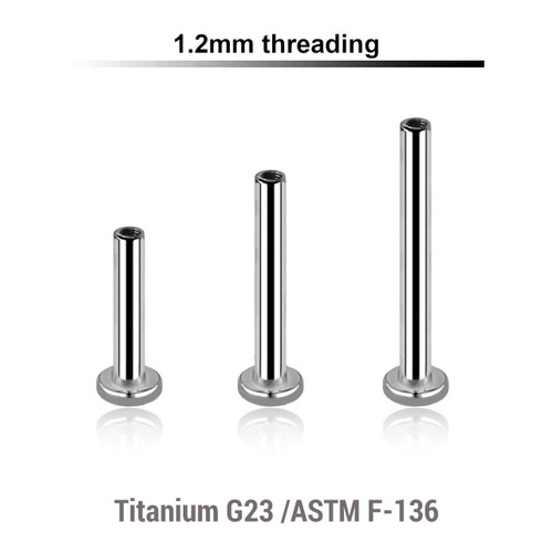 YYLB12NT Pack of 10 internally threaded labret posts with 2.5mm base plate in high polished titanium, thickness 1.2mm