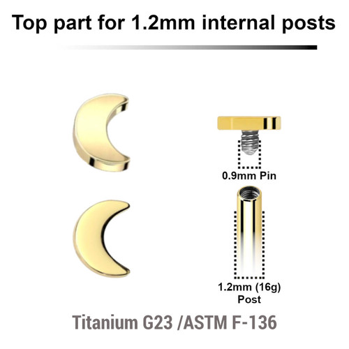 UTP12MO3 Pack of 5 Gold PVD plated Titanium G23 Internally threaded labret tops in a 3mm flat moon shape, Thread size 0.9mm UTP12MO3 Pack of 5 Gold PVD plated Titanium G23 Internally threaded labret tops in a 3mm flat moon shape, Thread size 0.9mm