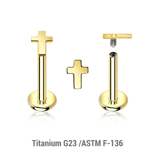 ULB12CR34 Pack of 5 Gold PVD plated titanium internally threaded labrets, Thickness 1.2mm, with 3x4mm flat cross tops ULB12CR34 Pack of 5 Gold PVD plated titanium internally threaded labrets, Thickness 1.2mm, with 3x4mm flat cross tops