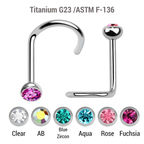 TNS08BJ25 Wholesale Nose Jewelry Lot of 10 Titanium G23 nose screws with 2.5mm rounded top with bezel set crystal, thickness 0.8mm