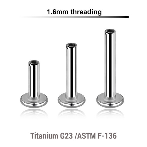 YYLB16N Pack of 10 internally threaded labret posts with 4mm base plate in high polished titanium, thickness 1.6mm