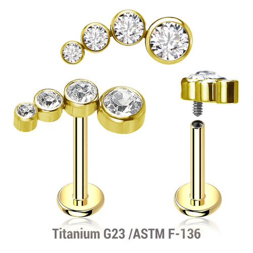 ULB12X05 Pack of 5 Gold PVD plated titanium internally threaded labrets, Thickness 1.2mm, with elongated top with 4 bezel set CZ stones