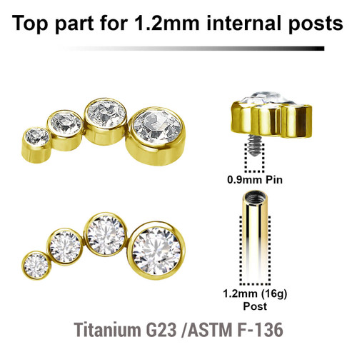 UTP12X05 Pack of 5 Gold PVD plated Titanium internally threaded labret tops with 4 round bezel set CZ stones, Thread size 0.9mm