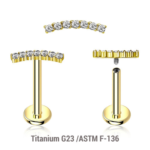 ULB12X13 Pack of 5 Gold PVD plated titanium internally threaded labrets, Thickness 1.2mm, with a CZ studded curved top