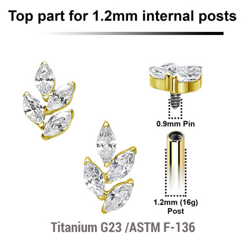 UTP12X14 Pack of 5 Gold PVD plated Titanium internally threaded labret tops with a leaf shaped top with 4 marquis cut prong set CZ stones