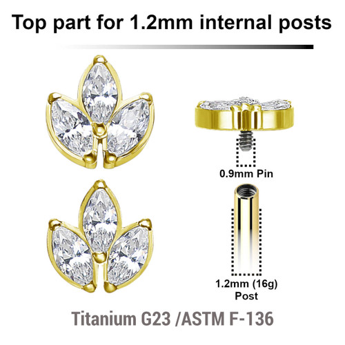 UTP12X15 Pack of 5 Gold PVD plated Titanium internally threaded labret tops with a leaf shaped top with 3 marquis cut prong set CZ stones
