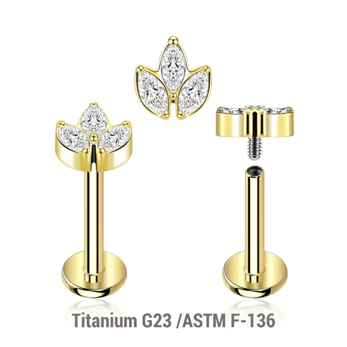 ULB12X15 Pack of 5 Gold PVD plated titanium internally threaded labrets, Thickness 1.2mm, with a leaf shaped top with 3 marquis cut prong set CZ stones