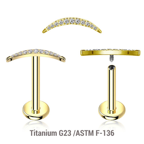 ULB12X18 Pack of 5 Gold PVD plated titanium internally threaded labrets, Thickness 1.2mm, with a CZ studded crescent moon top
