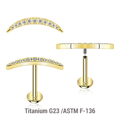ULB12X18 Pack of 5 Gold PVD plated titanium internally threaded labrets, Thickness 1.2mm, with a CZ studded crescent moon top