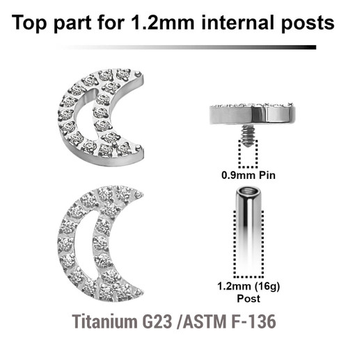 YTP12X28 Pack of 5 Titanium Internally threaded labret tops in a CZ studded moon shape, Thread size 0.9mm