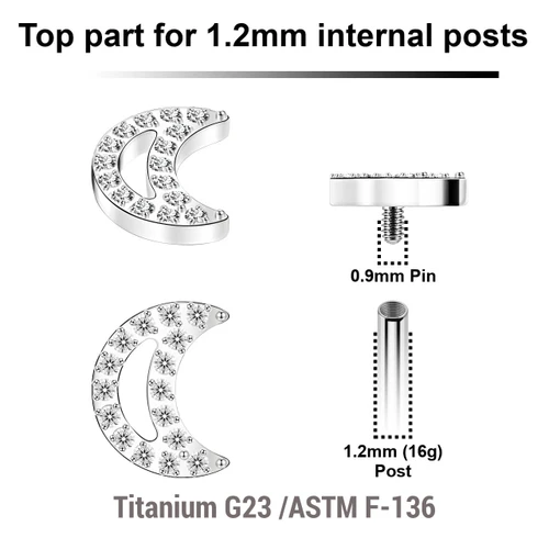 YTP12X28 Pack of 5 Titanium Internally threaded labret tops in a CZ studded moon shape, Thread size 0.9mm