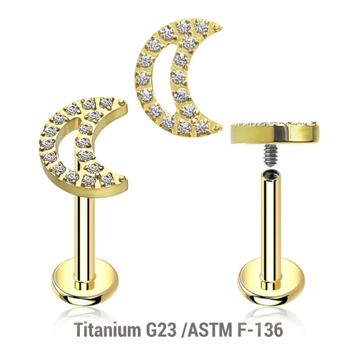 ULB12X28 Pack of 5 Gold PVD plated titanium internally threaded labrets, Thickness 1.2mm, with a CZ studded moon top