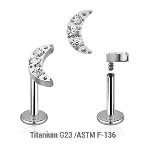 YLB12X29 Pack of 5 high polished titanium internally threaded labrets, Thickness 1.2mm, with a small moon top with 3 CZ