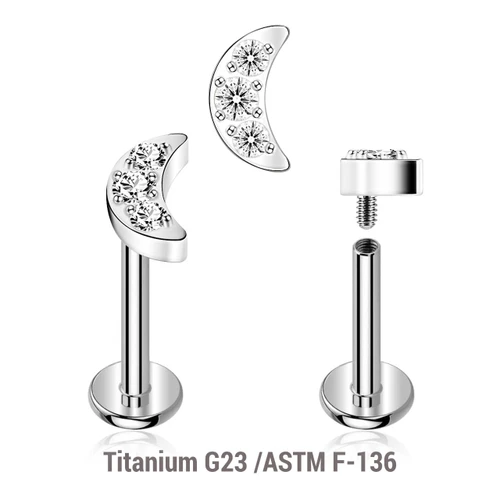 YLB12X29 Pack of 5 high polished titanium internally threaded labrets, Thickness 1.2mm, with a small moon top with 3 CZ