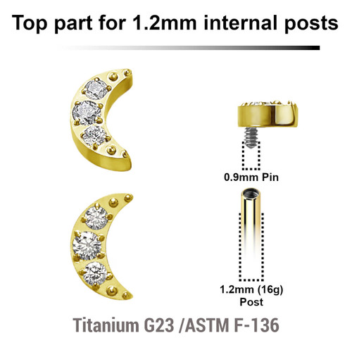 UTP12X29 Pack of 5 Gold PVD plated Titanium G23 Internally threaded labret tops with a small moon with 3 CZ, Thread size 0.9mm