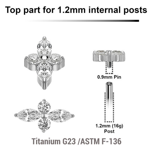 YTP12X30 Pack of 5 high polished titanium Internally threaded labret tops with 2 round and 2 marquis prong set CZ stones