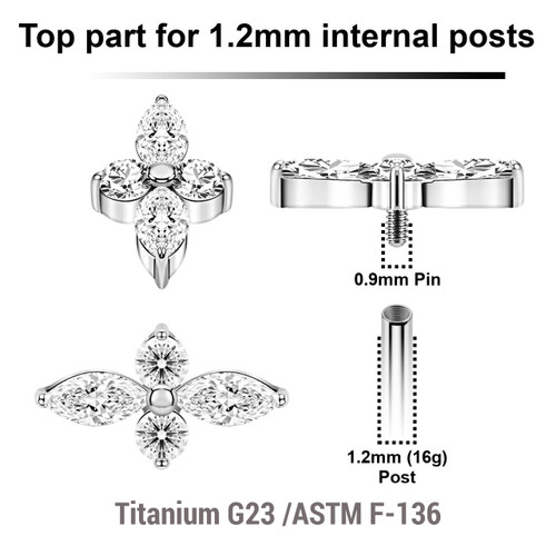 YTP12X30 Pack of 5 high polished titanium Internally threaded labret tops with 2 round and 2 marquis prong set CZ stones