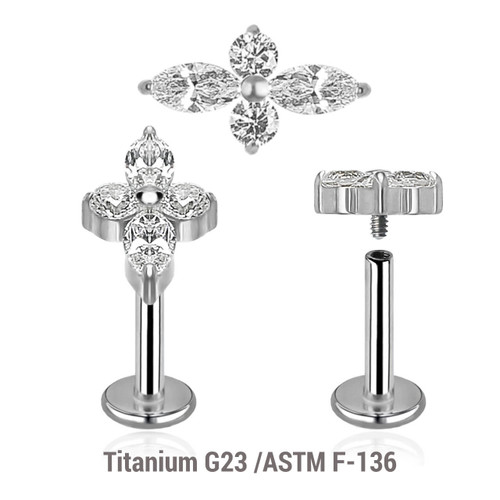 YLB12X30 Pack of 5 high polished titanium internally threaded labrets, Thickness 1.2mm, with a top with 2 round and 2 marquis prong set CZ stones