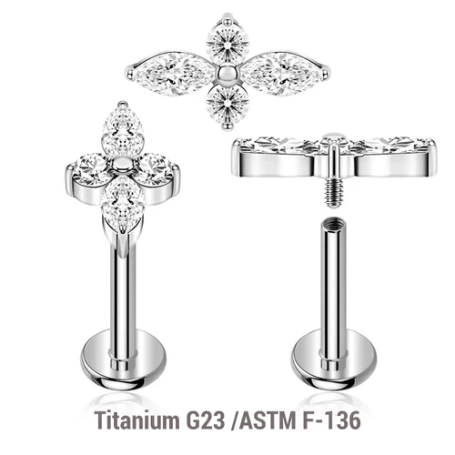 YLB12X30 Pack of 5 high polished titanium internally threaded labrets, Thickness 1.2mm, with a top with 2 round and 2 marquis prong set CZ stones