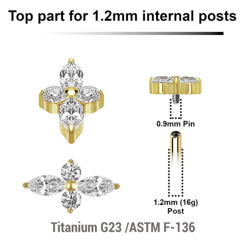 UTP12X30 Pack of 5 gold PVD plated titanium Internally threaded labret tops with 2 round and 2 marquis prong set CZ stones